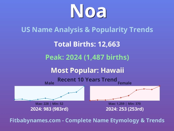 Infographic: Noa name meaning, origin, and popularity trends in the United States (US baby name analysis chart)