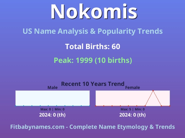 Infographic: Nokomis name meaning, origin, and popularity trends in the United States (US baby name analysis chart)