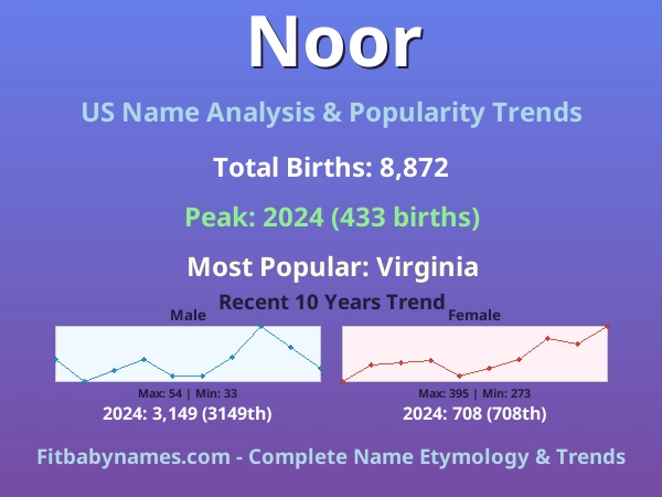 Infographic: Noor name meaning, origin, and popularity trends in the United States (US baby name analysis chart)