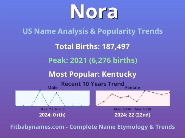Infographic: Nora name meaning, origin, and popularity trends in the United States (US baby name analysis chart)