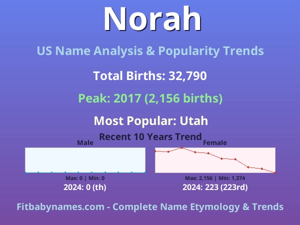 Infographic: Norah name meaning, origin, and popularity trends in the United States (US baby name analysis chart)