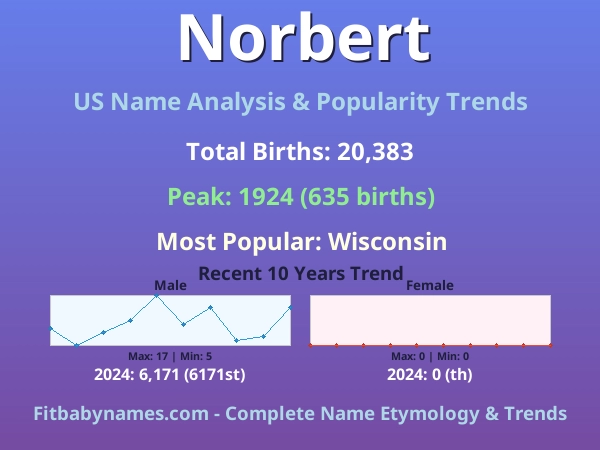 Infographic: Norbert name meaning, origin, and popularity trends in the United States (US baby name analysis chart)