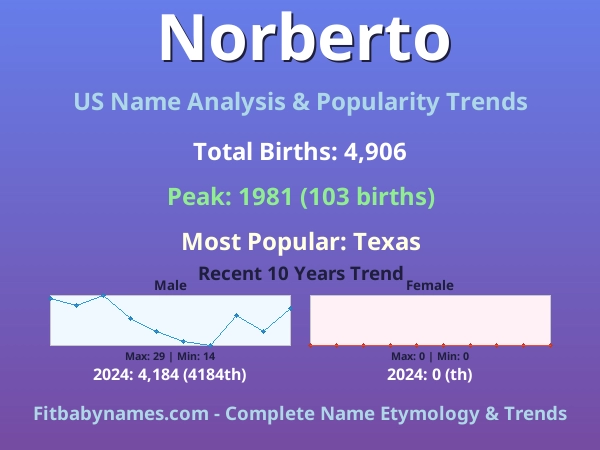Infographic: Norberto name meaning, origin, and popularity trends in the United States (US baby name analysis chart)