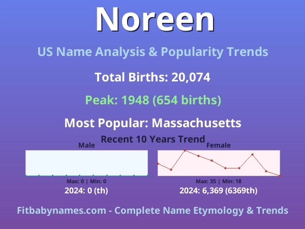 Infographic: Noreen name meaning, origin, and popularity trends in the United States (US baby name analysis chart)