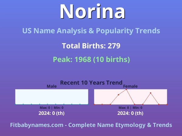 Infographic: Norina name meaning, origin, and popularity trends in the United States (US baby name analysis chart)