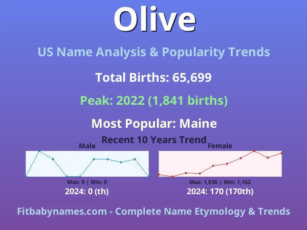 Infographic: Olive name meaning, origin, and popularity trends in the United States (US baby name analysis chart)