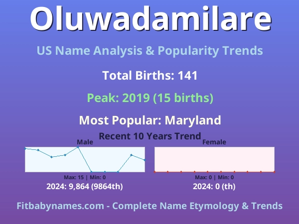 Infographic: Oluwadamilare name meaning, origin, and popularity trends in the United States (US baby name analysis chart)