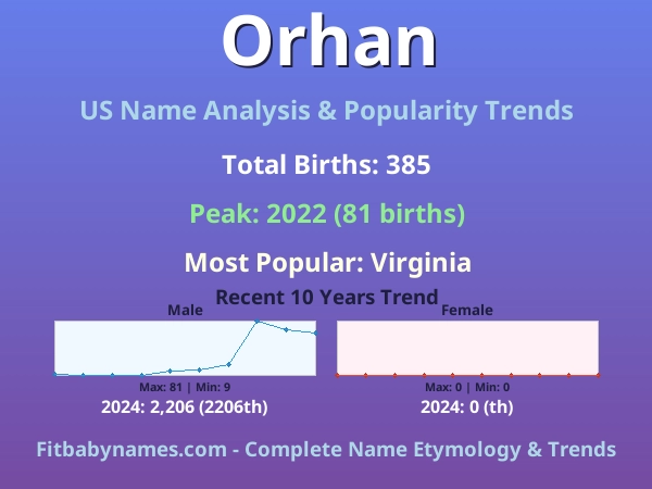 Infographic: Orhan name meaning, origin, and popularity trends in the United States (US baby name analysis chart)