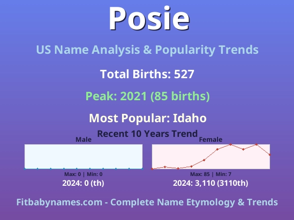 Infographic: Posie name meaning, origin, and popularity trends in the United States (US baby name analysis chart)