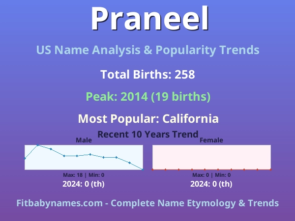 Infographic: Praneel name meaning, origin, and popularity trends in the United States (US baby name analysis chart)