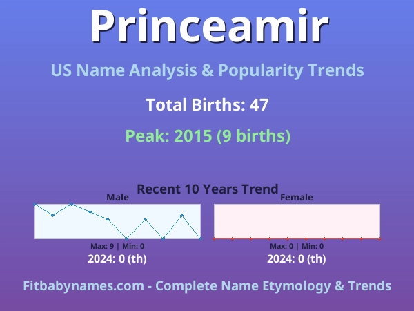 Infographic: Princeamir name meaning, origin, and popularity trends in the United States (US baby name analysis chart)