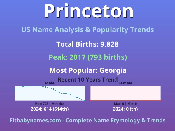 Infographic: Princeton name meaning, origin, and popularity trends in the United States (US baby name analysis chart)