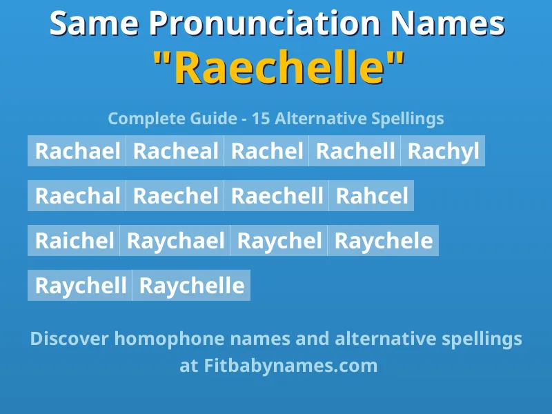 Infographic: Raechelle same pronunciation names, similar names, and homophone names