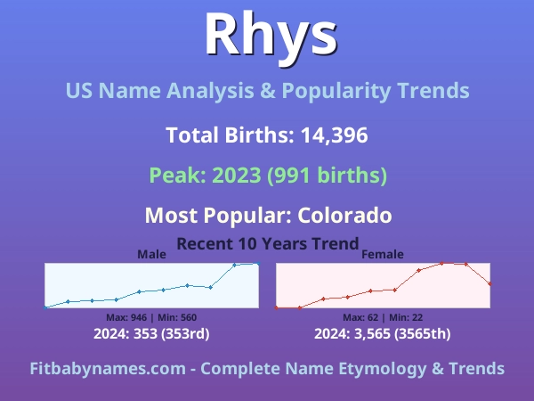 Infographic: Rhys name meaning, origin, and popularity trends in the United States (US baby name analysis chart)