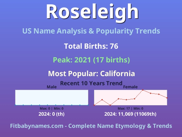 Infographic: Roseleigh name meaning, origin, and popularity trends in the United States (US baby name analysis chart)
