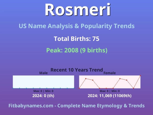 Infographic: Rosmeri name meaning, origin, and popularity trends in the United States (US baby name analysis chart)