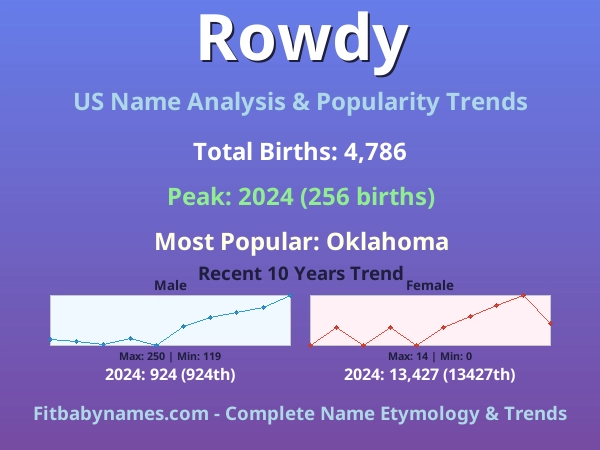 Infographic: Rowdy name meaning, origin, and popularity trends in the United States (US baby name analysis chart)