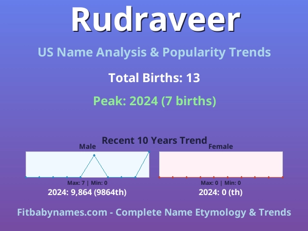Infographic: Rudraveer name meaning, origin, and popularity trends in the United States (US baby name analysis chart)