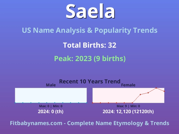 Infographic: Saela name meaning, origin, and popularity trends in the United States (US baby name analysis chart)