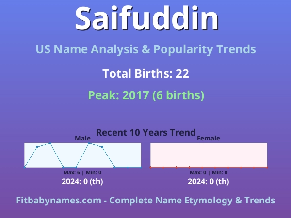 Infographic: Saifuddin name meaning, origin, and popularity trends in the United States (US baby name analysis chart)