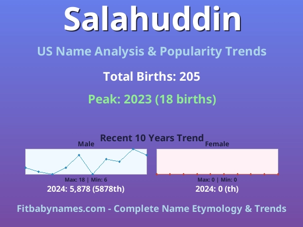 Infographic: Salahuddin name meaning, origin, and popularity trends in the United States (US baby name analysis chart)