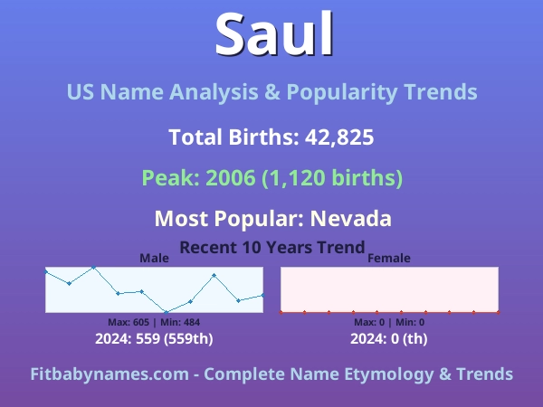 Infographic: Saul name meaning, origin, and popularity trends in the United States (US baby name analysis chart)