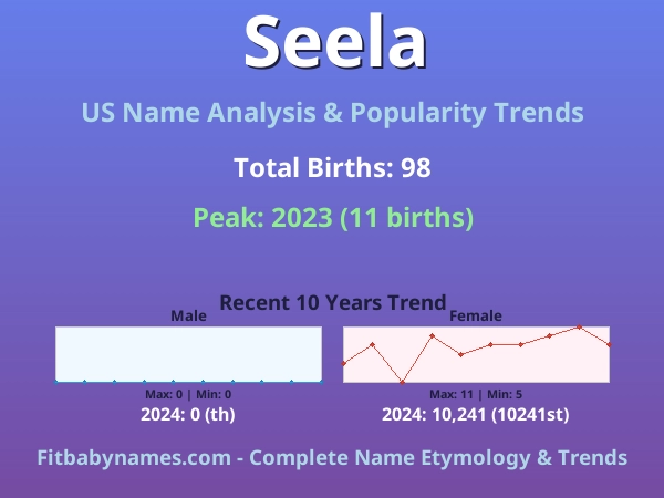 Infographic: Seela name meaning, origin, and popularity trends in the United States (US baby name analysis chart)