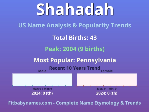 Infographic: Shahadah name meaning, origin, and popularity trends in the United States (US baby name analysis chart)