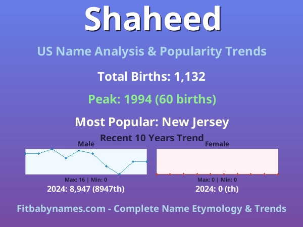 Infographic: Shaheed name meaning, origin, and popularity trends in the United States (US baby name analysis chart)