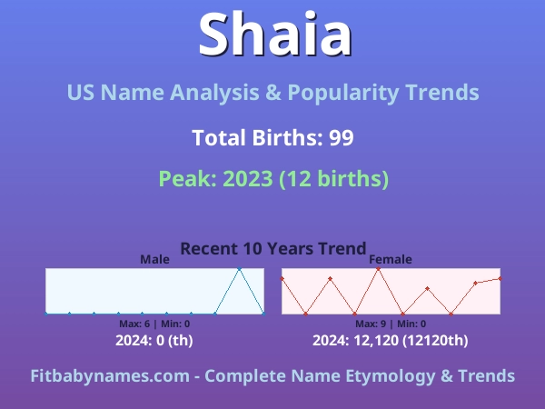 Infographic: Shaia name meaning, origin, and popularity trends in the United States (US baby name analysis chart)
