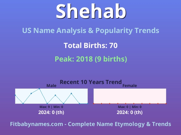 Infographic: Shehab name meaning, origin, and popularity trends in the United States (US baby name analysis chart)