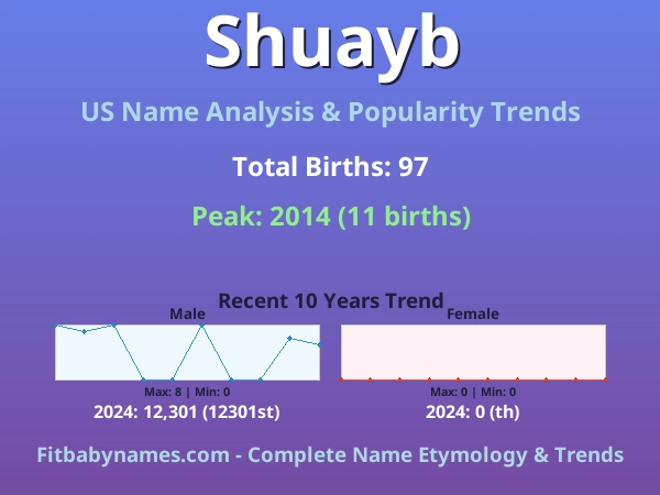 Infographic: Shuayb name meaning, origin, and popularity trends in the United States (US baby name analysis chart)