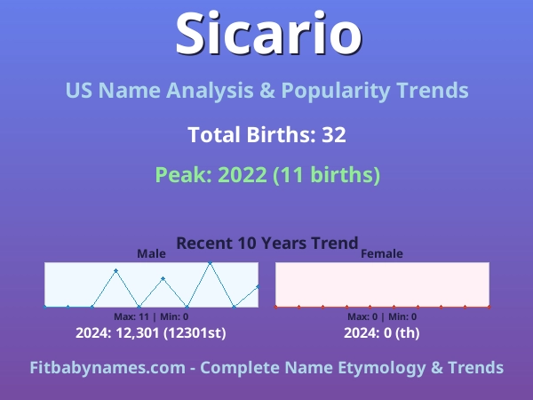 Infographic: Sicario name meaning, origin, and popularity trends in the United States (US baby name analysis chart)