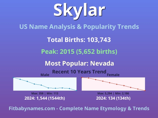 Infographic: Skylar name meaning, origin, and popularity trends in the United States (US baby name analysis chart)