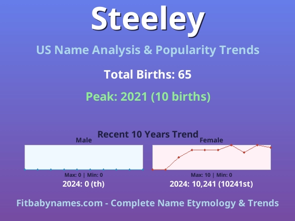 Infographic: Steeley name meaning, origin, and popularity trends in the United States (US baby name analysis chart)