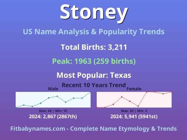 Infographic: Stoney name meaning, origin, and popularity trends in the United States (US baby name analysis chart)