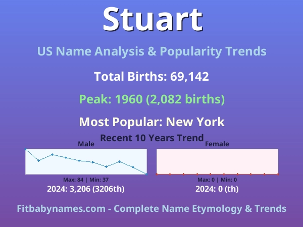 Infographic: Stuart name meaning, origin, and popularity trends in the United States (US baby name analysis chart)