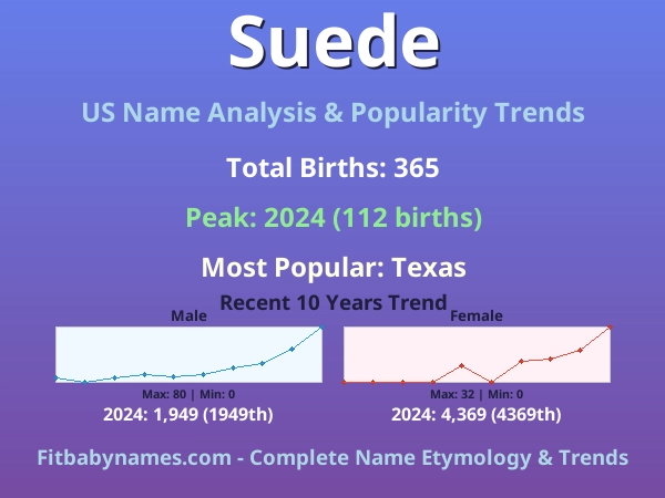 Infographic: Suede name meaning, origin, and popularity trends in the United States (US baby name analysis chart)