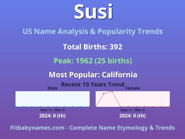 Infographic: Susi name meaning, origin, and popularity trends in the United States (US baby name analysis chart)