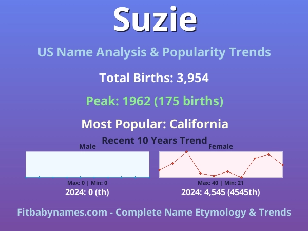 Infographic: Suzie name meaning, origin, and popularity trends in the United States (US baby name analysis chart)