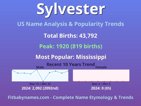 Infographic: Sylvester name meaning, origin, and popularity trends in the United States (US baby name analysis chart)