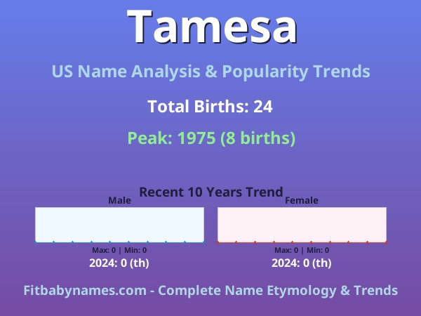 Infographic: Tamesa name meaning, origin, and popularity trends in the United States (US baby name analysis chart)