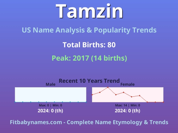 Infographic: Tamzin name meaning, origin, and popularity trends in the United States (US baby name analysis chart)