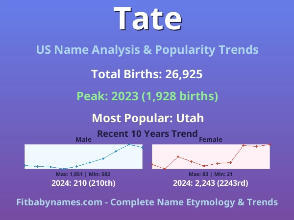 Infographic: Tate name meaning, origin, and popularity trends in the United States (US baby name analysis chart)
