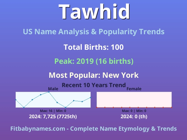 Infographic: Tawhid name meaning, origin, and popularity trends in the United States (US baby name analysis chart)