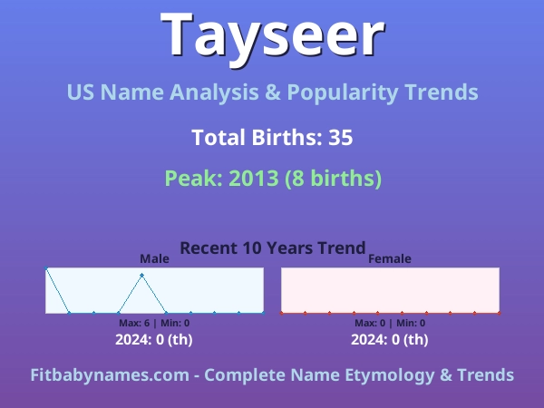 Infographic: Tayseer name meaning, origin, and popularity trends in the United States (US baby name analysis chart)