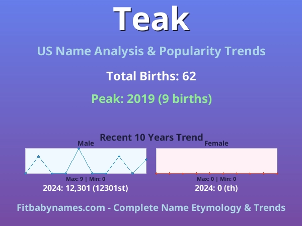 Infographic: Teak name meaning, origin, and popularity trends in the United States (US baby name analysis chart)