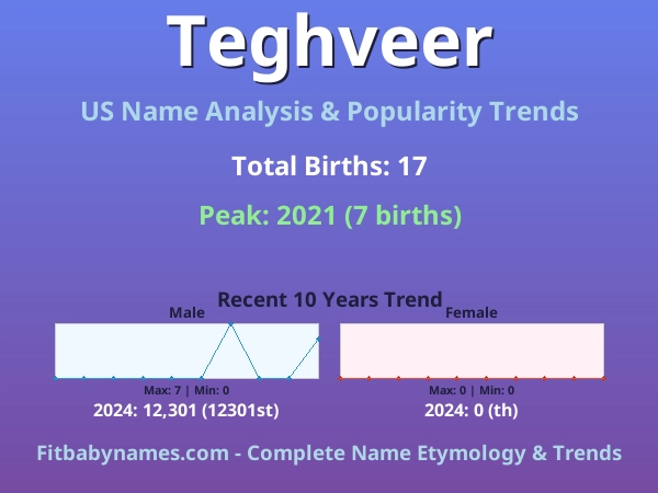 Infographic: Teghveer name meaning, origin, and popularity trends in the United States (US baby name analysis chart)