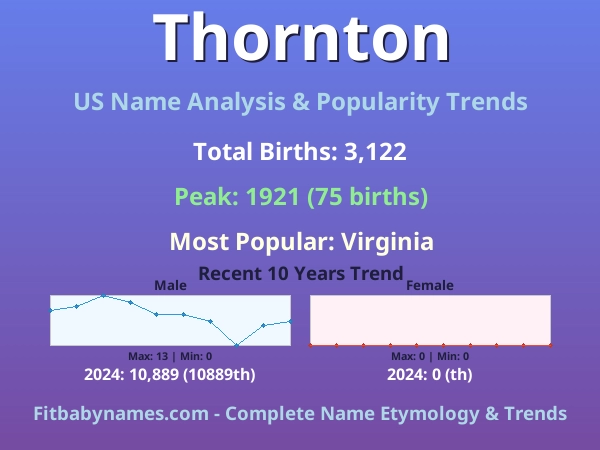 Infographic: Thornton name meaning, origin, and popularity trends in the United States (US baby name analysis chart)