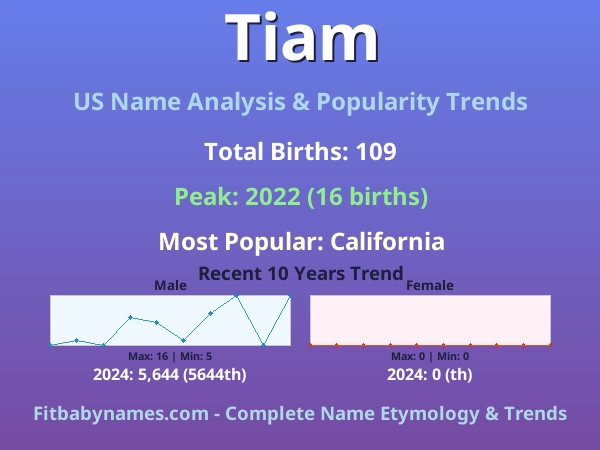 Infographic: Tiam name meaning, origin, and popularity trends in the United States (US baby name analysis chart)